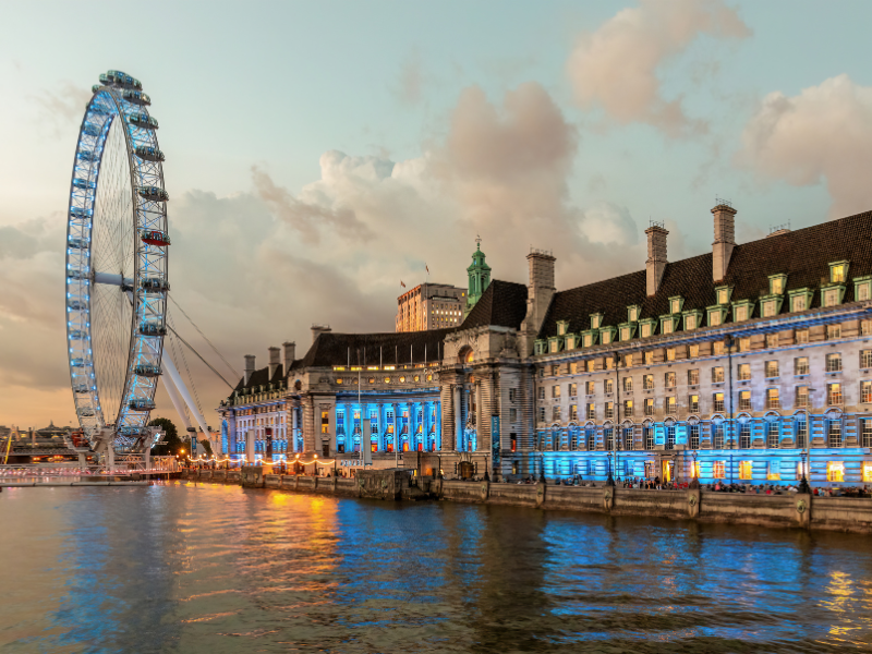 A view of the London's south bank at dusk