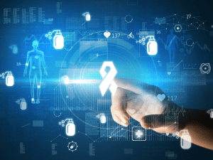 A hand touches a digital symbol of cancer care